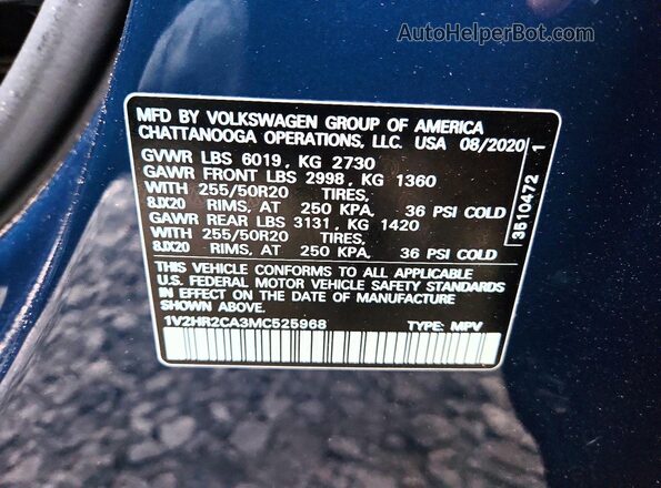 1V2HR2CA3MC525968 2021 VOLKSWAGEN ATLAS Blue VIN sticker view