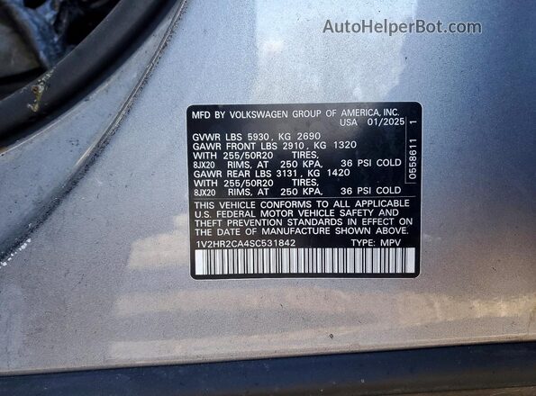 1V2HR2CA4SC531842 2025 VOLKSWAGEN ATLAS Silver Вид наклейки з VIN-кодом