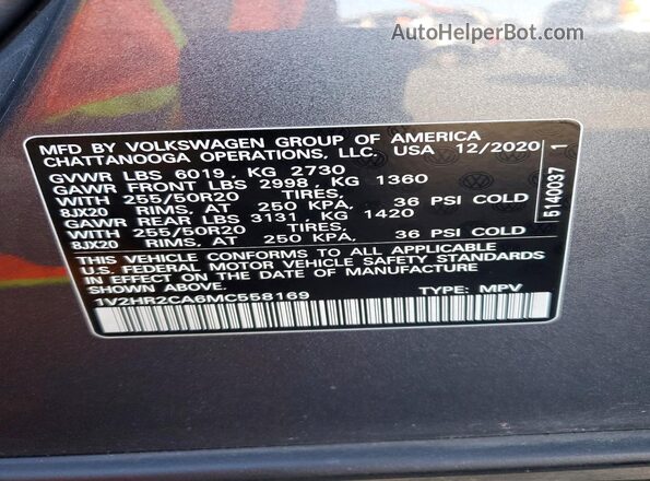 1V2HR2CA6MC558169 2021 VOLKSWAGEN ATLAS Gray Widok naklejki z numerem VIN