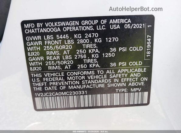1V2JC2CA0MC230331 2021 VOLKSWAGEN ATLAS White Engine compartment view