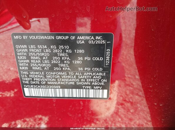 1V2JE2CA3SC220349 2025 VOLKSWAGEN ATLAS Red ძრავის განყოფილების ხედი