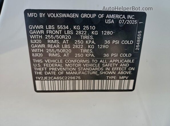 1V2JE2CA6SC229675 2025 VOLKSWAGEN ATLAS White 