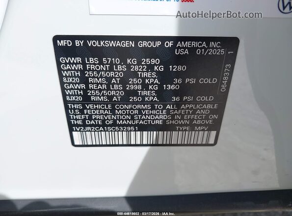 1V2JR2CA1SC532951 2025 VOLKSWAGEN ATLAS White Engine compartment view