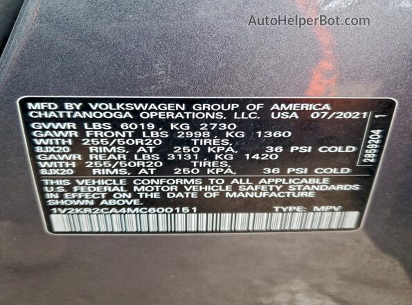 1V2KR2CA4MC600151 2021 VOLKSWAGEN ATLAS Gray Vista de la etiqueta del VIN