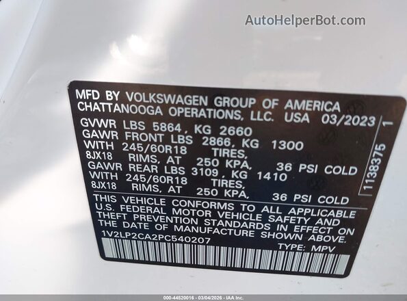 1V2LP2CA2PC540207 2023 VOLKSWAGEN ATLAS White Engine compartment view
