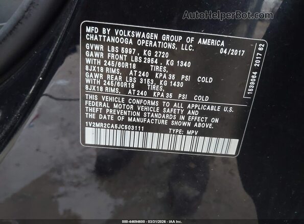 1V2MR2CA5JC503111 2018 VOLKSWAGEN ATLAS Black ძრავის განყოფილების ხედი