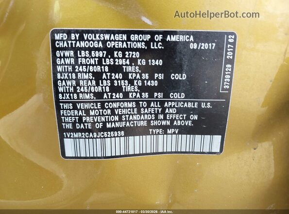 1V2MR2CA9JC525936 2018 VOLKSWAGEN ATLAS Gold Engine compartment view