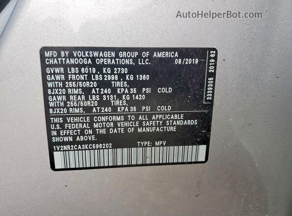 1V2NR2CA3KC596202 2019 VOLKSWAGEN ATLAS Silver 