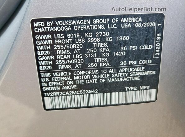 1V2RR2CA2MC523942 2021 VOLKSWAGEN ATLAS Silver Vista interior de 360 grados