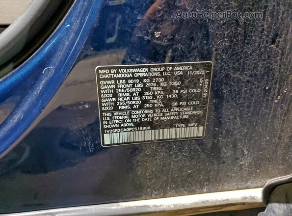 1V2SR2CA0PC518888 2023 VOLKSWAGEN ATLAS Синий Вид наклейки с VIN-кодом