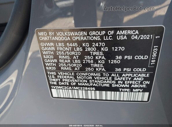 1V2WC2CA1MC228495 2021 VOLKSWAGEN ATLAS Gray Вид підкапотного простору