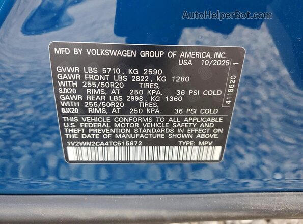 1V2WN2CA4TC515872 2026 VOLKSWAGEN ATLAS Blue Панорамний вид салону 360°