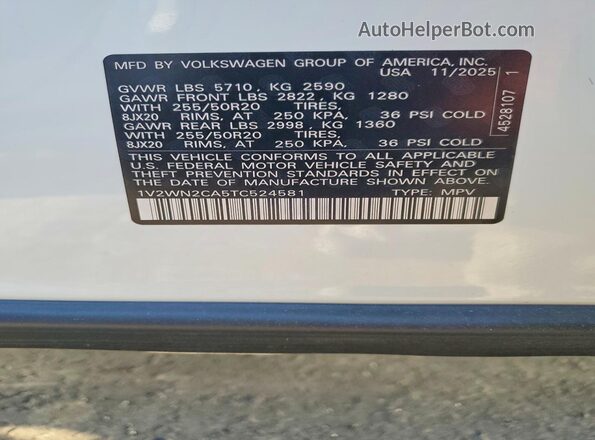 1V2WN2CA5TC524581 2026 VOLKSWAGEN ATLAS White Vista interior de 360 grados