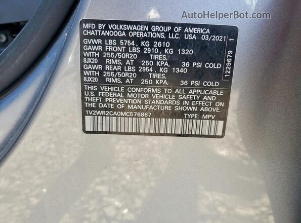1V2WR2CA0MC576867 2021 VOLKSWAGEN ATLAS Silver VIN sticker view