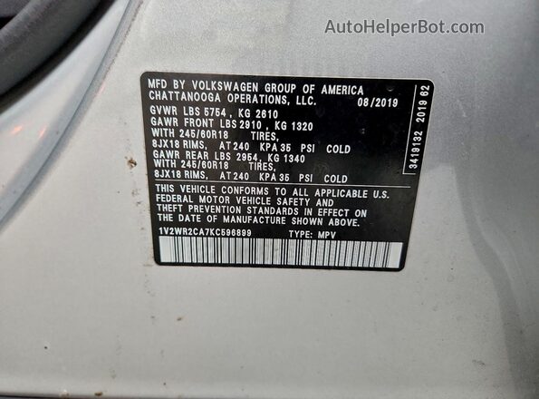 1V2WR2CA7KC596899 2019 VOLKSWAGEN ATLAS Silver სალონის 360-გრადუსიანი ხედი