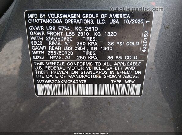 1V2WR2CAXMC540975 2021 VOLKSWAGEN ATLAS Gray Vista del compartimento del motor
