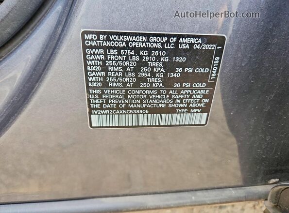 1V2WR2CAXNC538905 2022 VOLKSWAGEN ATLAS Gray Vista interior de 360 grados