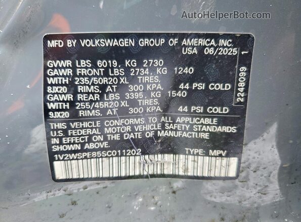 1V2WSPE85SC011202 2025 VOLKSWAGEN ID.4 Gray VIN კოდის სტიკერის ხედი