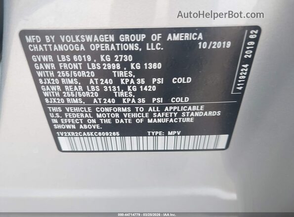 1V2XR2CA5KC609265 2019 VOLKSWAGEN ATLAS Silver 