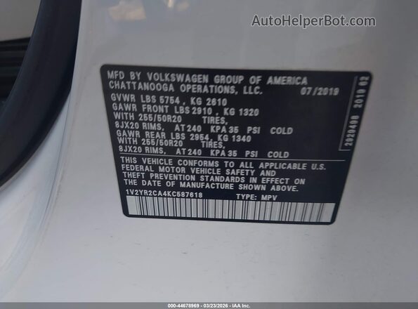 1V2YR2CA4KC587618 2019 VOLKSWAGEN ATLAS Белый 