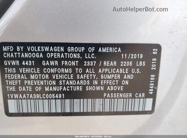 1VWAA7A39LC005491 2020 VOLKSWAGEN PASSAT Silver 