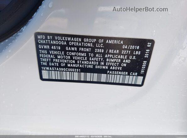 1VWAS7A39GC055231 2016 VOLKSWAGEN PASSAT Белый Вид подкапотного пространства