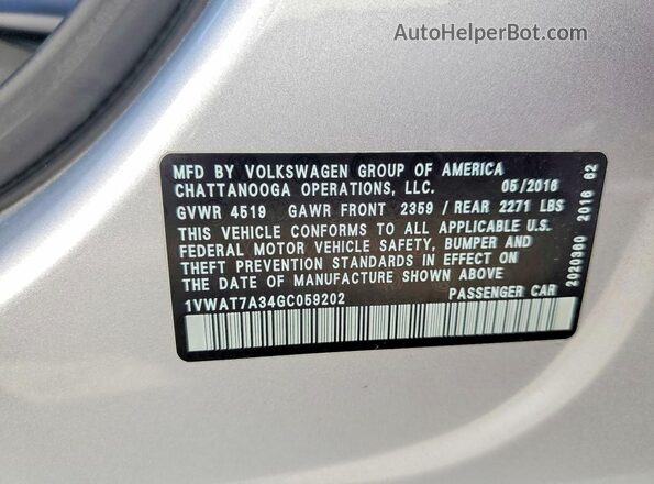 1VWAT7A34GC059202 2016 VOLKSWAGEN PASSAT Серебряный Вид наклейки с VIN-кодом