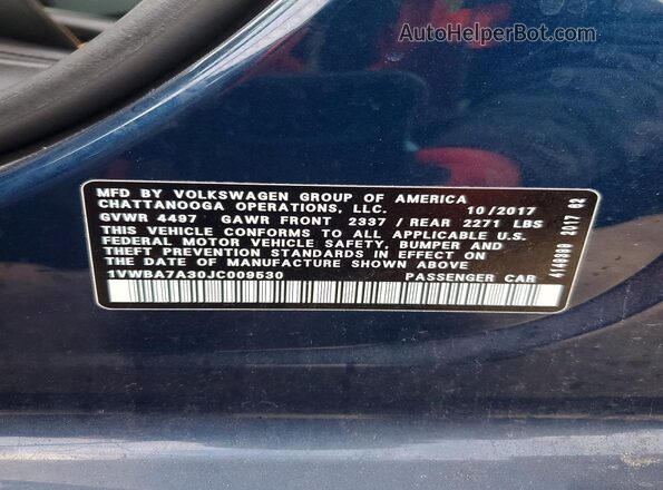 1VWBA7A30JC009530 2018 VOLKSWAGEN PASSAT Blue VIN კოდის სტიკერის ხედი