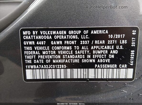 1VWBA7A32JC012283 2018 VOLKSWAGEN PASSAT Gray Vista del compartimento del motor