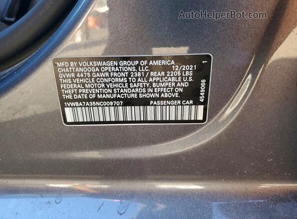 1VWBA7A35NC009707 2022 VOLKSWAGEN PASSAT Gray Vista del compartimento del motor