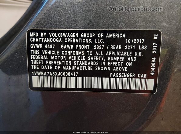 1VWBA7A3XJC008417 2018 VOLKSWAGEN PASSAT Gray Engine compartment view
