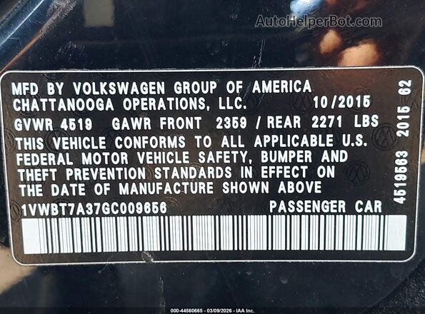 1VWBT7A37GC009656 2016 VOLKSWAGEN PASSAT Черный Вид подкапотного пространства