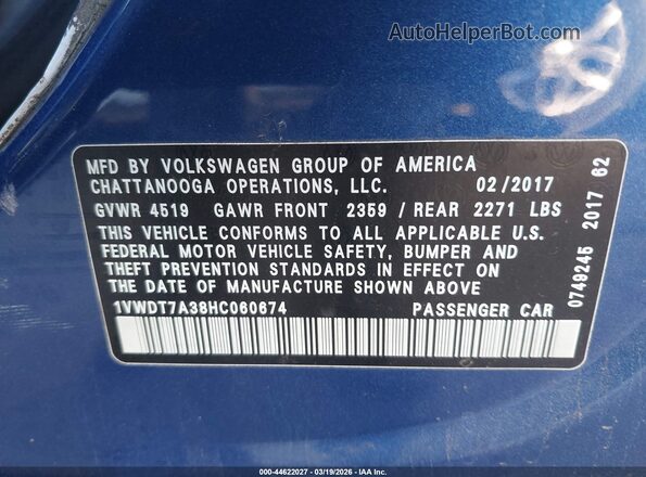 1VWDT7A38HC060674 2017 VOLKSWAGEN PASSAT Blue 