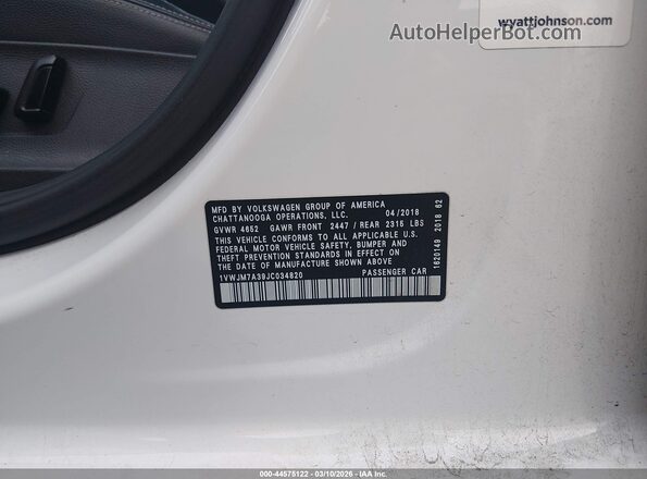 1VWJM7A39JC034820 2018 VOLKSWAGEN PASSAT Белый Вид подкапотного пространства