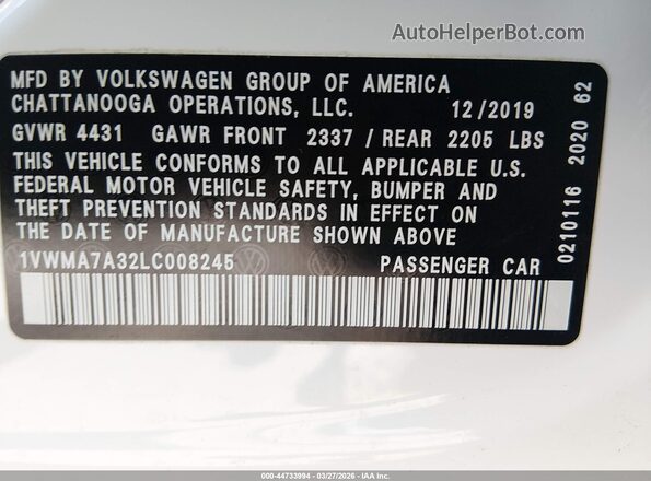 1VWMA7A32LC008245 2020 VOLKSWAGEN PASSAT White 