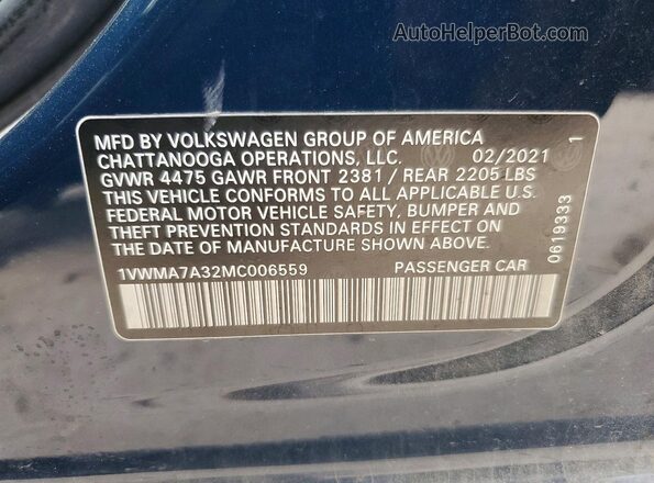 1VWMA7A32MC006559 2021 VOLKSWAGEN PASSAT Blue Engine compartment view