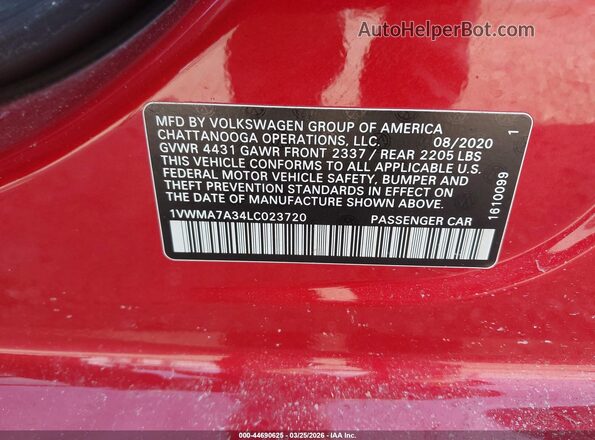 1VWMA7A34LC023720 2020 VOLKSWAGEN PASSAT Red ძრავის განყოფილების ხედი