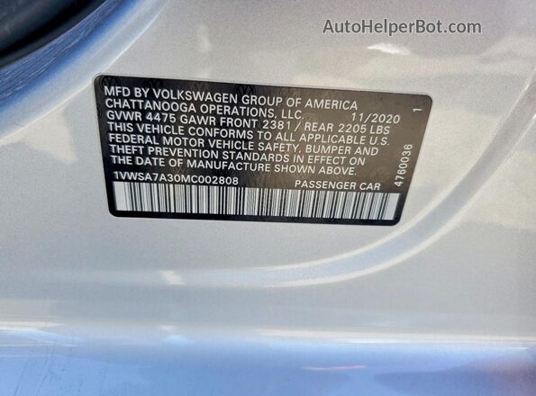 1VWSA7A30MC002808 2021 VOLKSWAGEN PASSAT Silver VIN sticker view