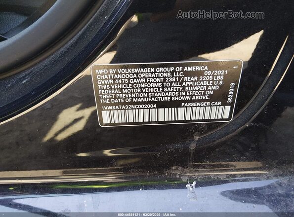1VWSA7A32NC002004 2022 VOLKSWAGEN PASSAT Black Вид підкапотного простору
