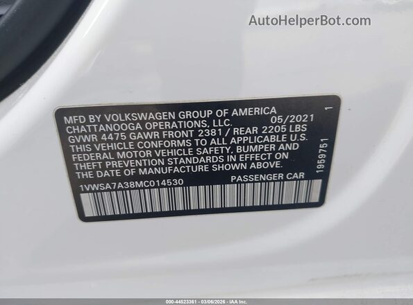 1VWSA7A38MC014530 2021 VOLKSWAGEN PASSAT White Вид підкапотного простору