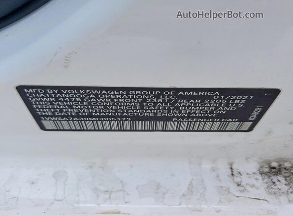 1VWSA7A39MC005173 2021 VOLKSWAGEN PASSAT White 
