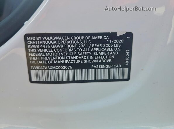 1VWSA7A3XMC003075 2021 VOLKSWAGEN PASSAT Белый Вид подкапотного пространства
