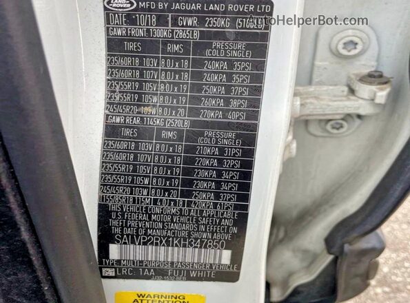 SALVP2RX1KH347850 2019 LAND ROVER RANGE White Вид задньої частини салону