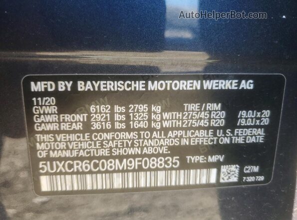 5UXCR6C08M9F08835 2021 BMW X5 Blue 