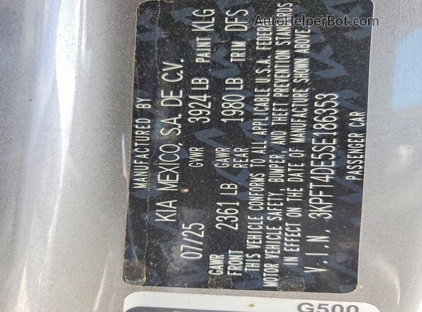 3KPFT4DE5SE186353 2025 KIA K4 Gray 