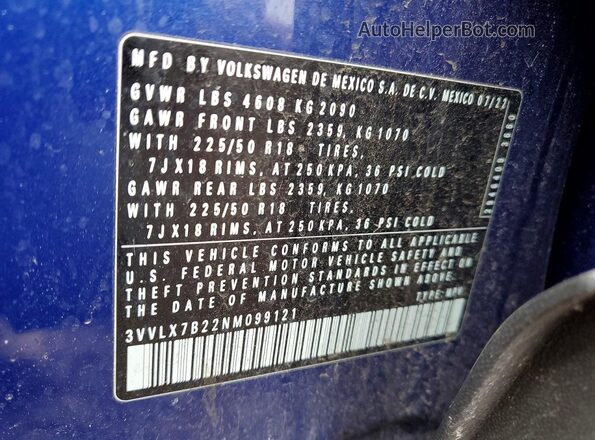 3VVLX7B22NM099121 2022 VOLKSWAGEN OTHER Blue Սալոնի 360 աստիճան տեսք