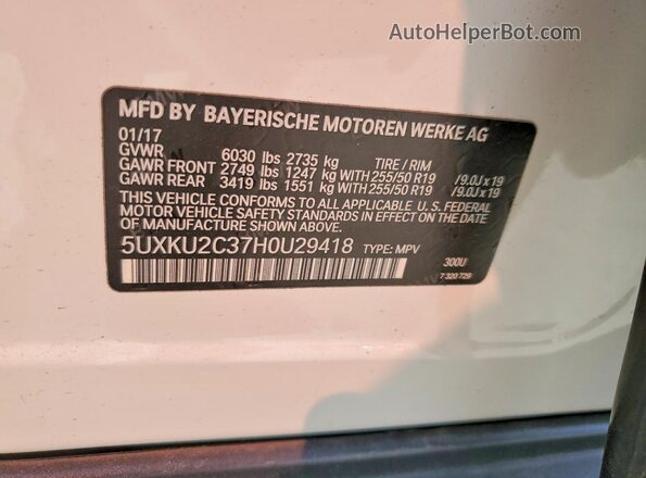 5UXKU2C37H0U29418 2017 BMW X6 Белый Панорамный вид салона 360°