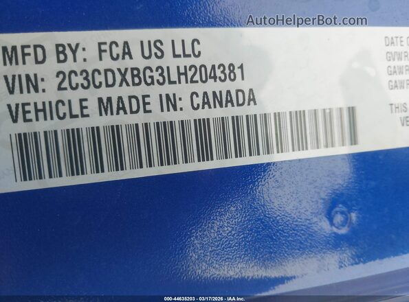 2C3CDXBG3LH204381 2020 DODGE CHARGER Blue 
