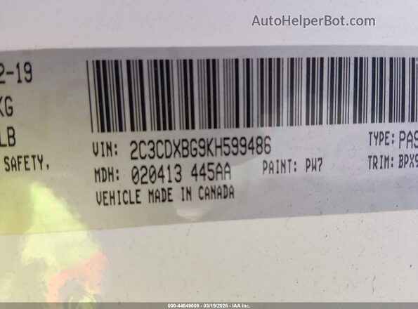 2C3CDXBG9KH599486 2019 DODGE CHARGER White ძრავის განყოფილების ხედი