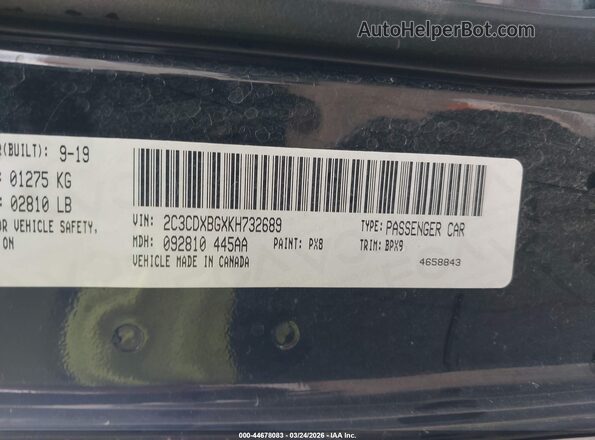 2C3CDXBGXKH732689 2019 DODGE CHARGER Черный Вид подкапотного пространства
